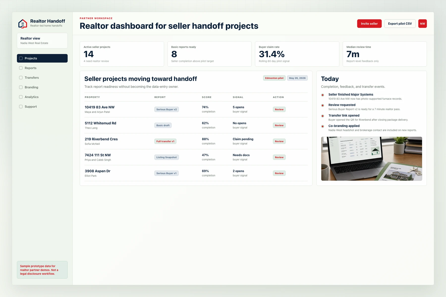 Realtor Handoff Realtor dashboard showing seller handoff projects.