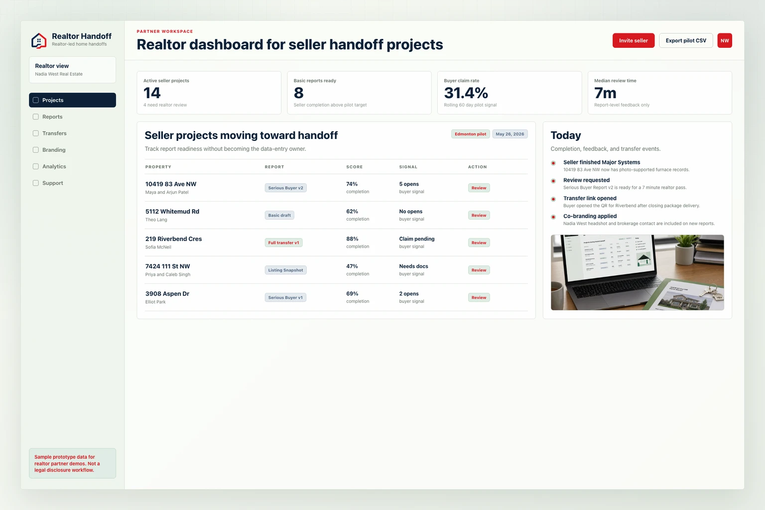 Realtor Handoff Realtor dashboard prototype showing seller handoff projects.