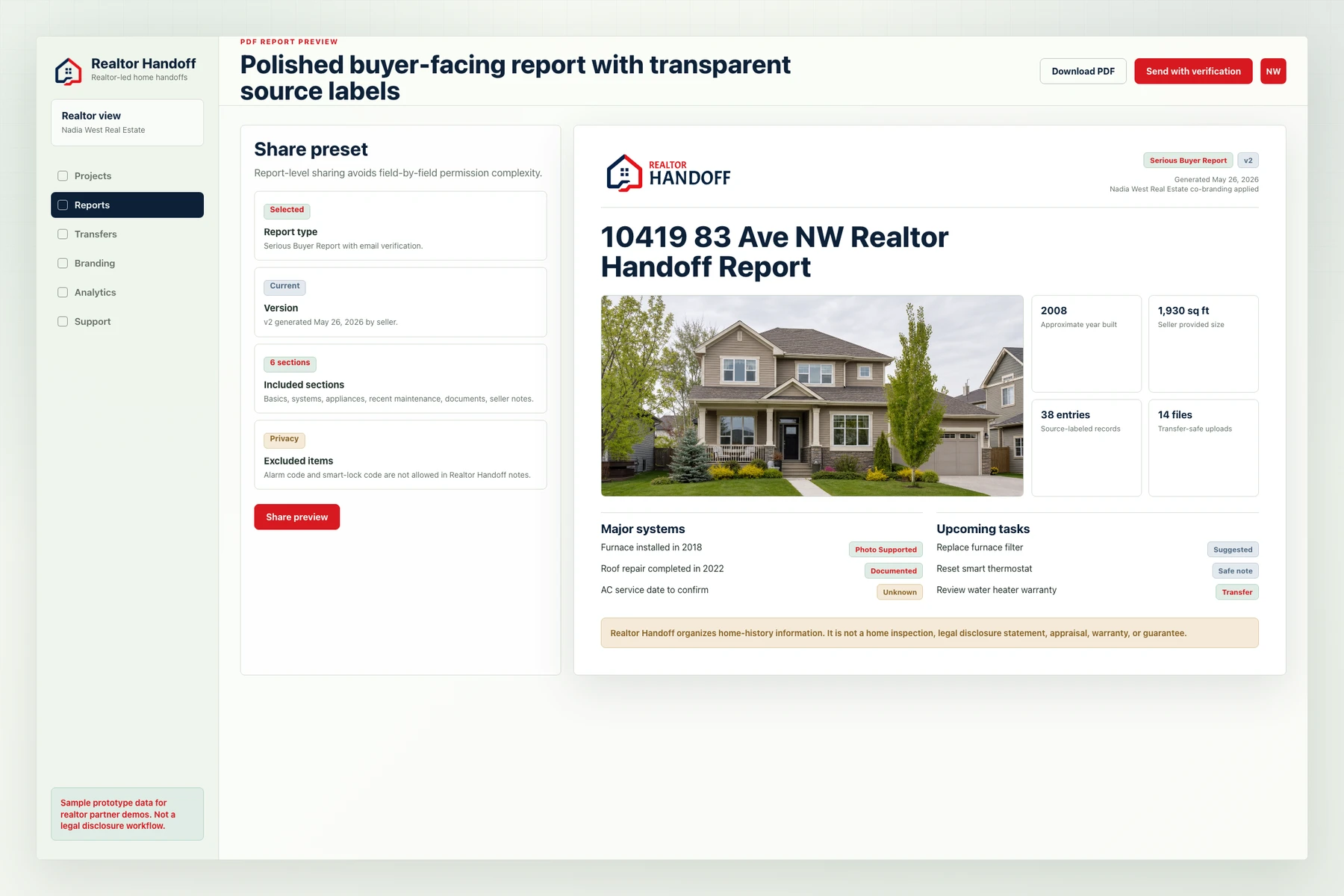 Preview of a Realtor Handoff report with property details and source labels.